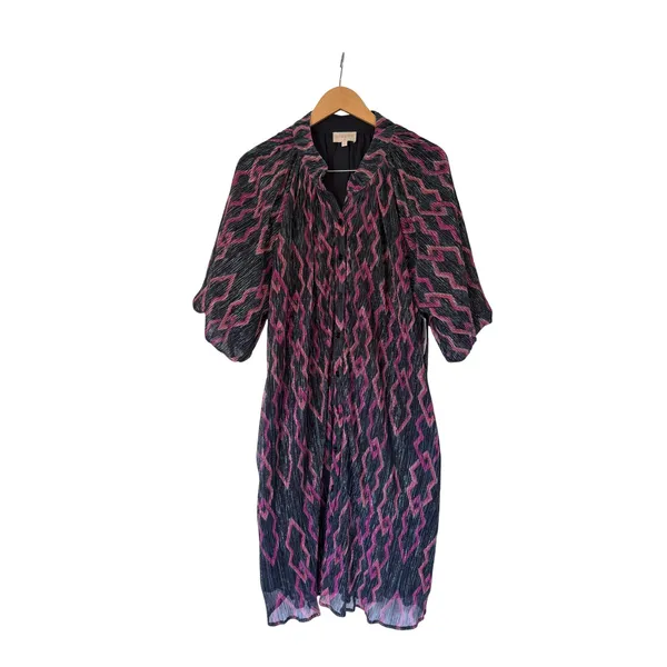 Ciebon Plisse Button Front Puff Sleeve‎ Ikat Dress Pink Purple Black Size 1X NEW - Image 2