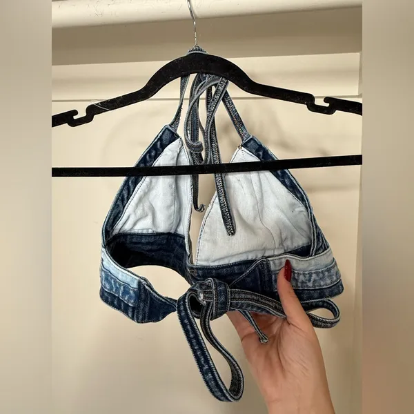 Denim Patchwork Halter Top Blue - Image 2
