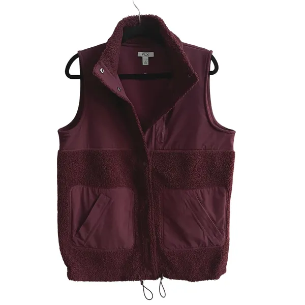FLX Sherpa Fleece‎ Vest Burgundy Snap Front Pockets Drawstring Waist Womens Med - Image 3