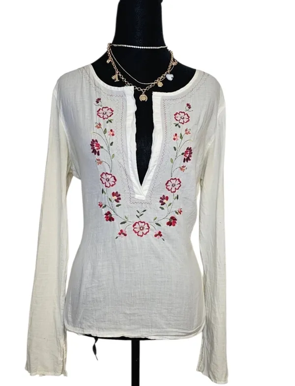 Vintage Y2K Abercrombie and fitch linen boho embroidered tunic L white - Image 2