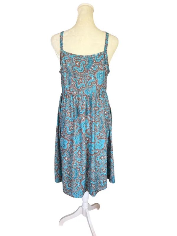 Women's blue and brown summer dress with pockets decorative gold rings size L - Image 4