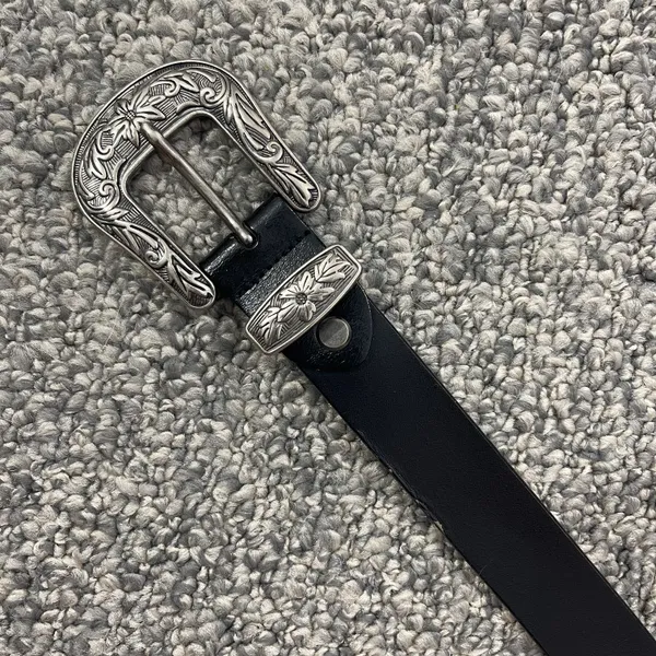 Vintage Western Black Leather Edgy Floral Buckle Silver Hardware Skinny Belt - Image 3