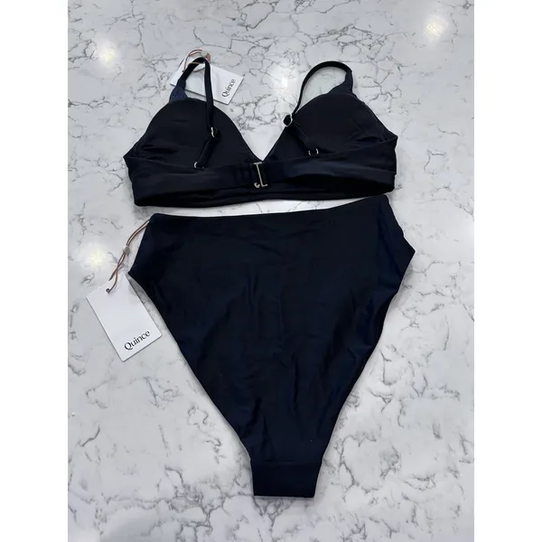 NWT Quince Black Italian V Neck Cut Bikini Top & High Rise Bottoms Size Small - Image 2