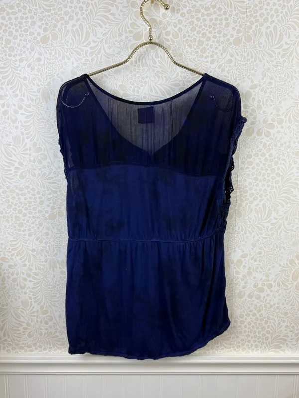 Free People Vintage Navy Embellished Cap Sleeve Top - Size - Large - Image 6
