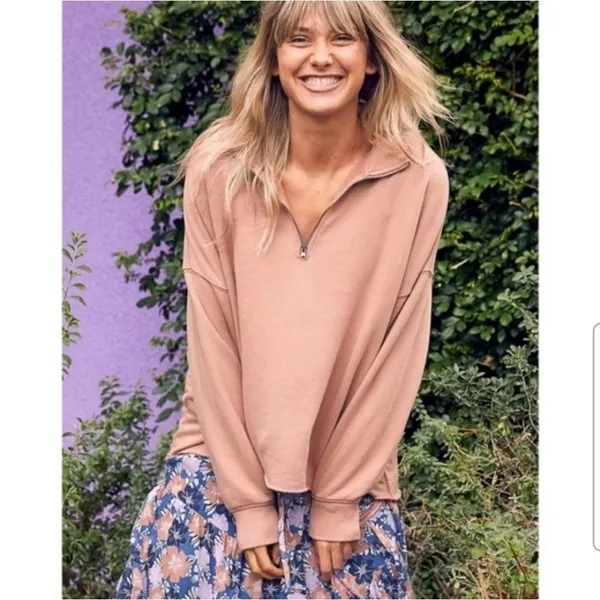 Aerie Women's Size XS Sunday Soft Quarter Zip Sweatshirt Tan Brown High Low Hem - Image 2