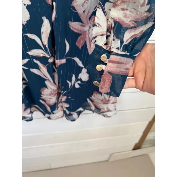 Lulus Mini Dress M Navy Floral Metallic Sheer Long Sleeve Twisted Front V-Neck - Image 10