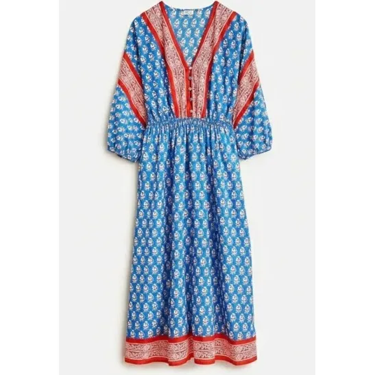 J. Crew Beachwear Blue Red Floral Block‎ Print Midi Dress Tie Waist Women's XS - Image 12