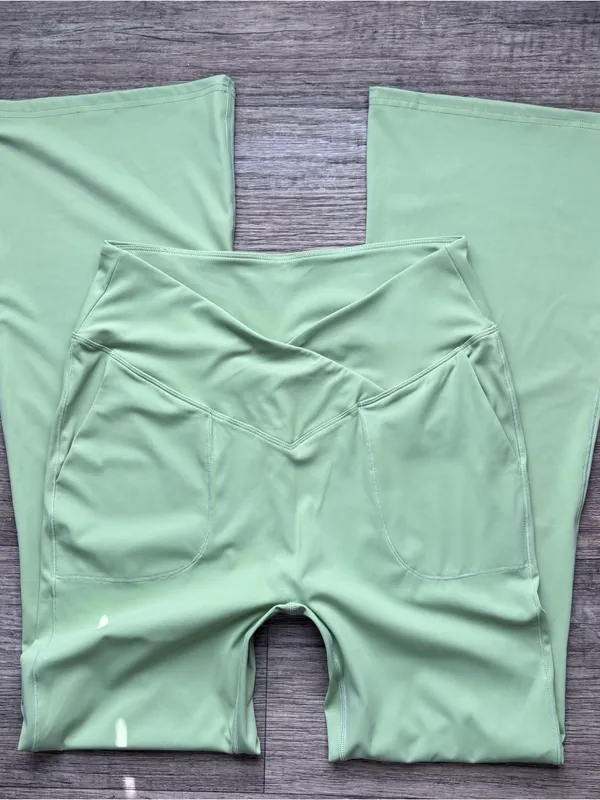 AHQ Green Nylon Activewear Flare Leggings w/ Crisscross Waist & Pockets Sporty L - Image 2