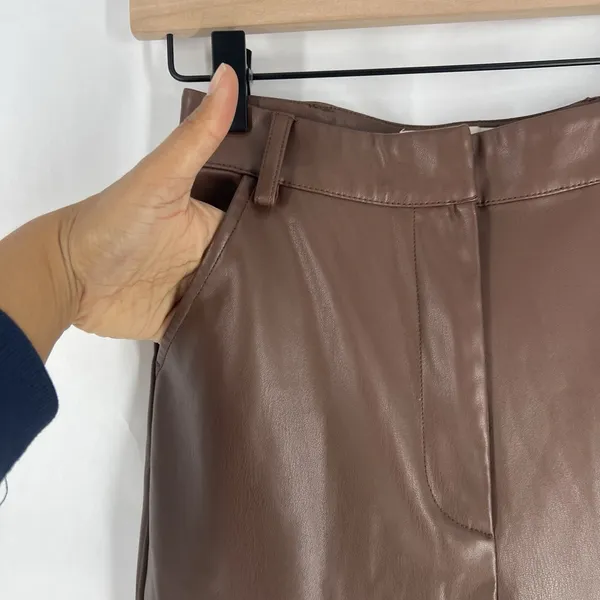 Meshki Tyra Straight Leg Pants Womens XS Faux Leather‎ Chocolate Brown High Rise - Image 4