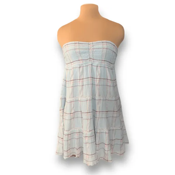 True Craft Plaid Gauze Strapless Mini Dress Baby Blue‎ Cottagecore Boho XL New - Image 2
