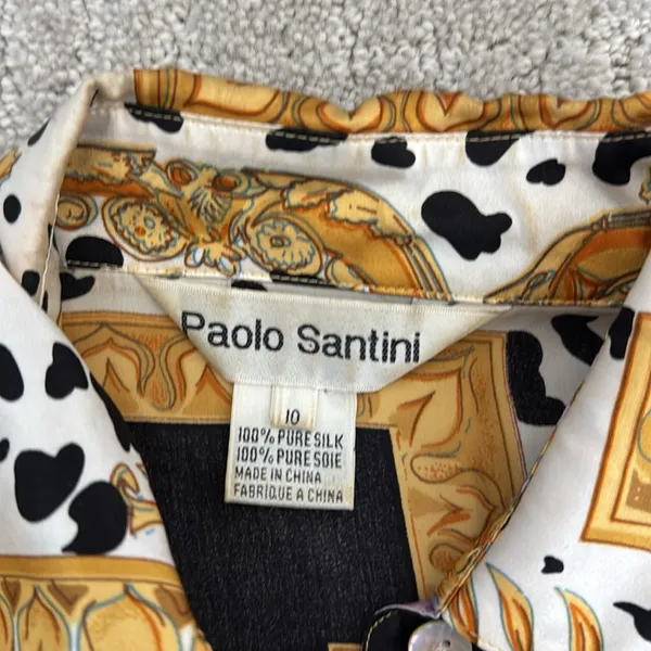 VTG 80s 90s Paolo Santini 100% silk blouse Dalmatian cherub print black white - Image 4