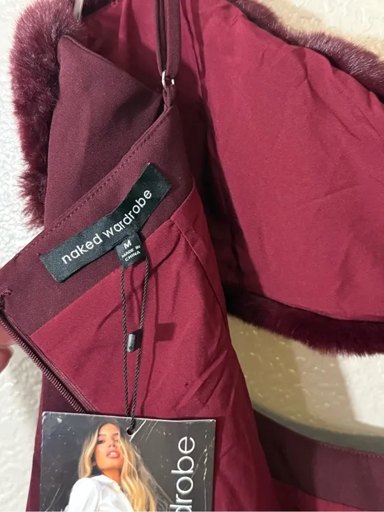 Naked Wardrobe Burgundy Faux Fur Trim Mini Dress Sexy Date Night Club Prom Med - Image 8