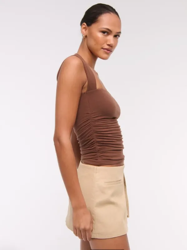 Tan Beige Mid Rise Micro Wrap Mini Skort - Image 4