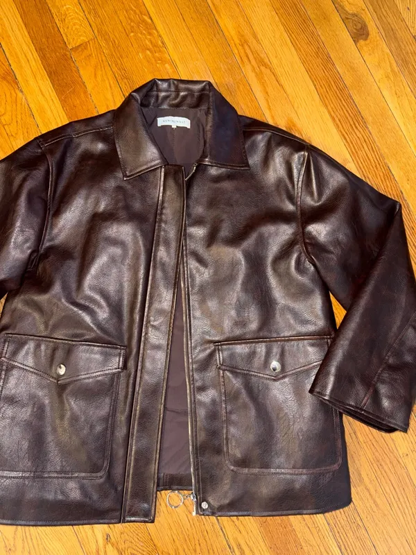 WeWoreWhat Dark Brown faux vegan Leather Bomber Jacket oversized zip moto XS - Image 2