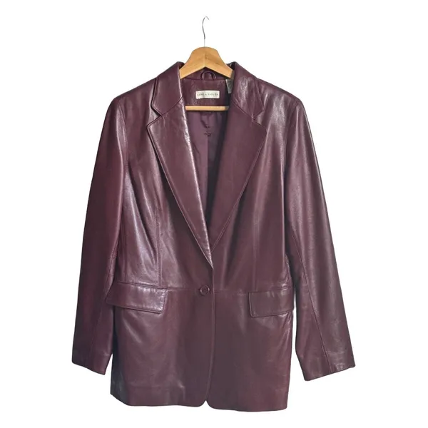 Lord & Taylor Womens Burgundy Wine Genuine Leather Blazer Jacket 10 Y2K Mob Wife - Image 2
