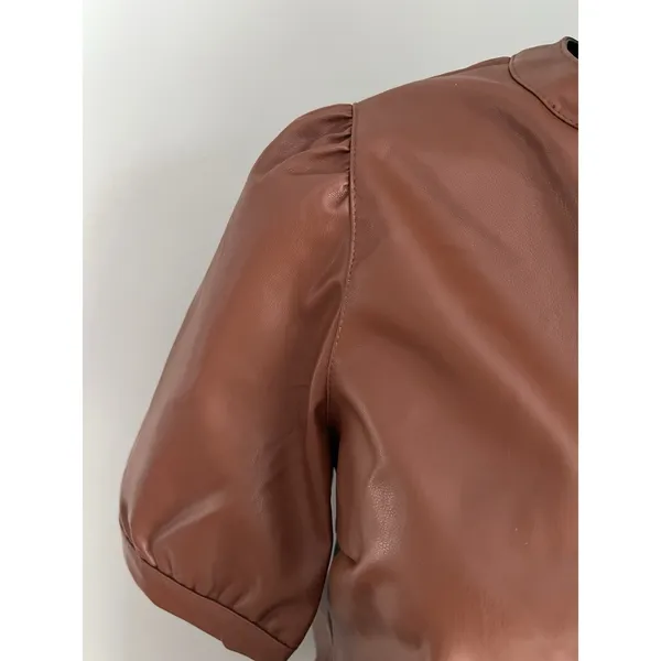 Steve Madden Cognac Brown Faux Leather V-Neck Puff Sleeve Mini Dress Size Medium - Image 4