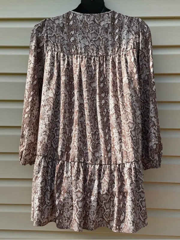Peach Love California Snake Print Babydoll Dress Brown Cream USA Made L - Image 3