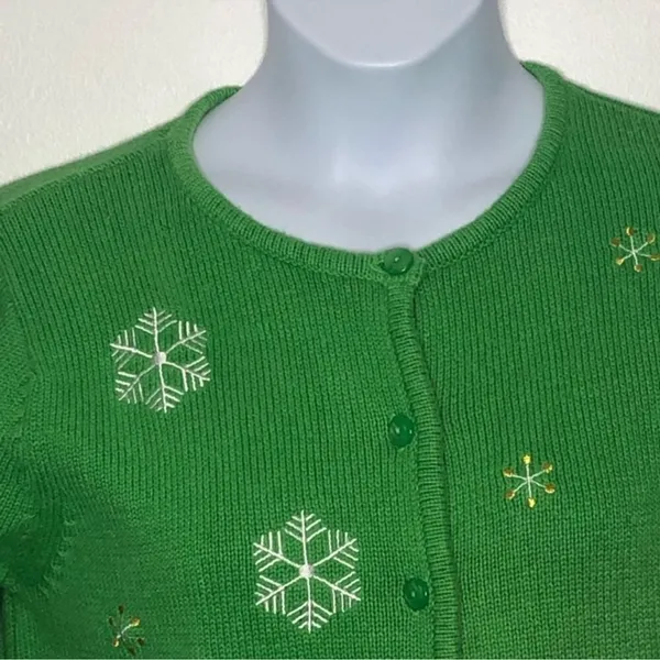Classic Elements Vintage 90s Christmas Cardigan Green Embellished Holiday Sweater Grandma Core M - Image 8