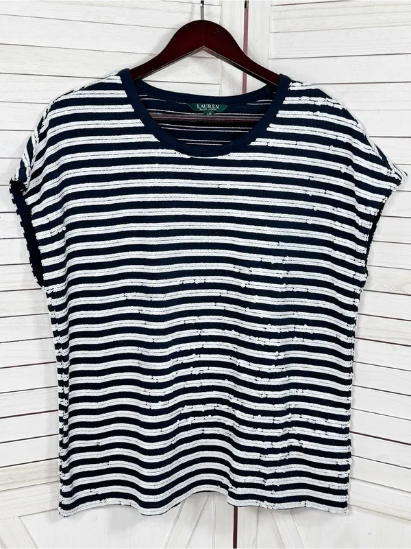 Lauren Ralph Lauren Sequin Striped Cap Sleeve Top Blue White Large Nautical - Image 7
