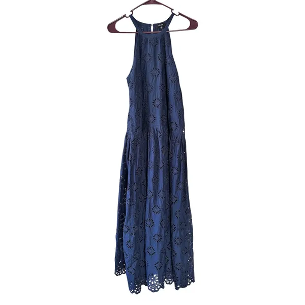Madewell Floral Eyelet Embroidered Drop Waist Maxi Dress Women's XS NEW Navy - Image 2