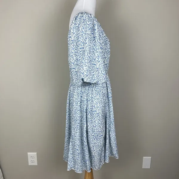Mikarose Dress Womens Large Blue Floral Puff Sleeve Milkmaid Smocked Pockets‎ L - Image 7
