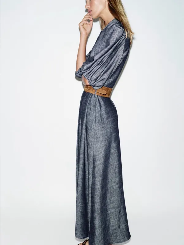 ZARA Blue Puff-Sleeve Maxi Shirt Dress with Belt - Image 4