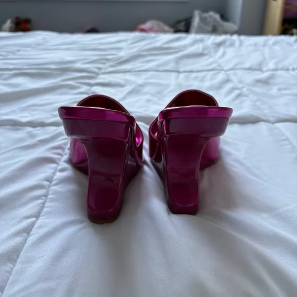 Vintage 90s Madrag Pink Architectural Wedge Sandals Sculpted Heel Mules Fuchsia - Image 5