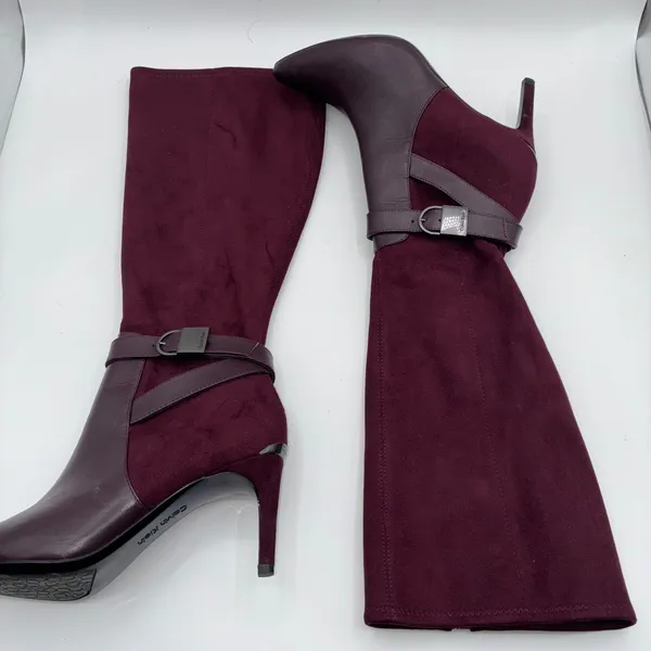 Calvin Klein Jemamine Wide‎ Calf Tall Boots Burgundy Suede Leather Heel Size 6.5 - Image 4