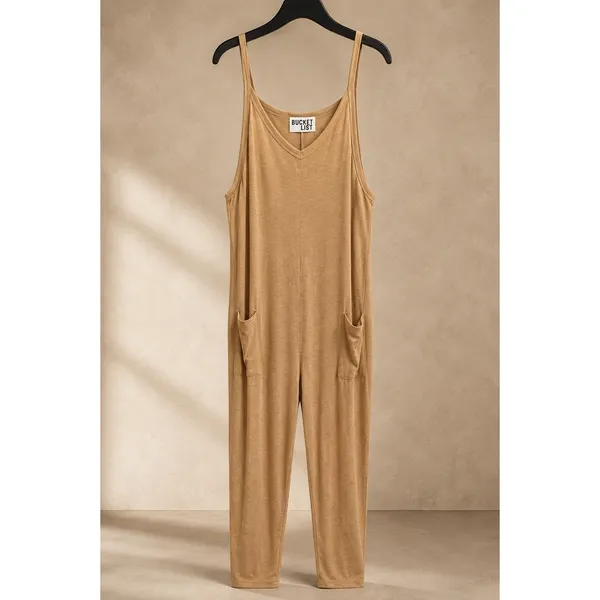 Bucket List Women Jumpsuit Large Tan Relaxed V-Neck Pocket Knit R5211 - Image 2