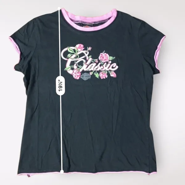 Harley Davidson Classic Floral Tee Womens Size M Black‎ Pink Biker - Image 5