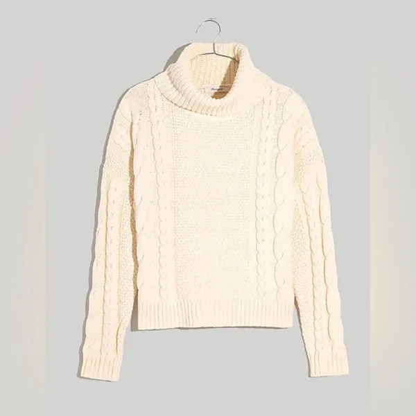 Madewell Cable Turtleneck Drop Shoulders Sweater in Antique Cream‎ Size Medium - Image 3