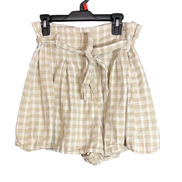 Zara Womens Size Large Beige Gingham Paperbag Waist Linen Blend Shorts Tie Belt - Image 2
