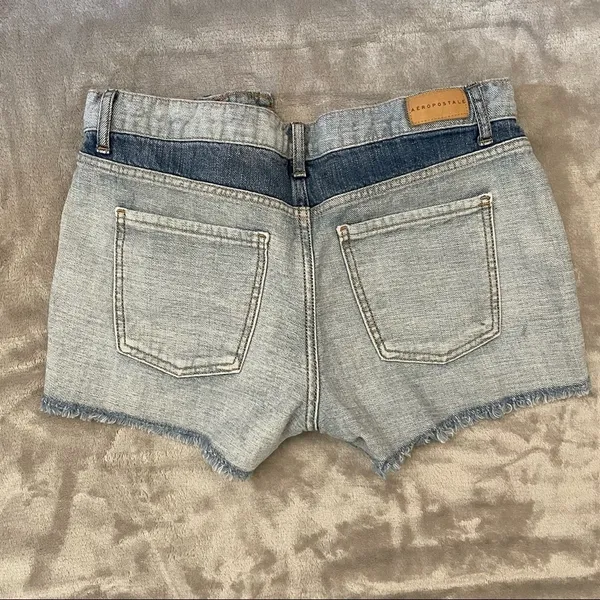 Aeropostale High Waisted Aero Cheeky Two-Tone Denim‎ Jean Shorts Fringe Cotton - Image 6