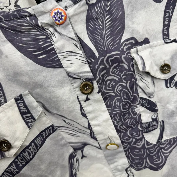 Custo Barcelona Tunic Womens Size 2 Gray Floral Bird Print Drawstring Waist Top - Image 10