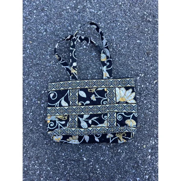 Vera Bradley Provencal Quilted Cotton Tote Bag Black Gold Floral Shoulder Bag - Image 3