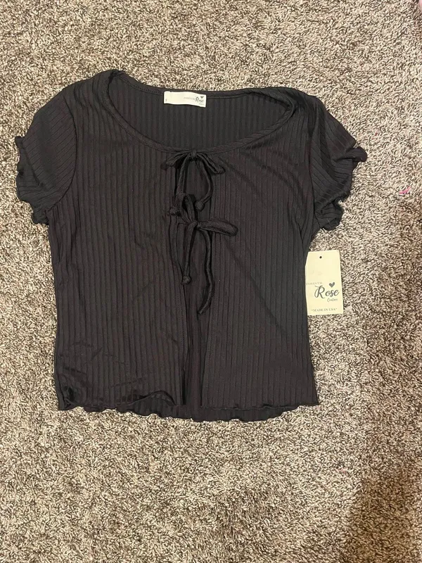 Black Tie Front Short Sleeve Top - Image 4