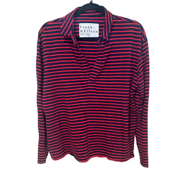 Frank & Eileen Patrick Popover Navy Red Striped Cotton Tee Lab Shirt Size Medium - Image 2