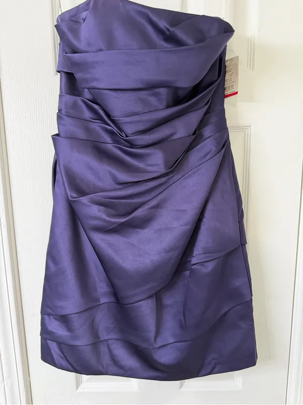 David's Bridal Plum Strapless Ruched Satin Cocktail Dress‎ - Image 7