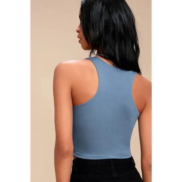 Lulus Feel Like Dancing Blue Crop Top Minimalist Stretch Jersey Basics Small NWT - Image 2