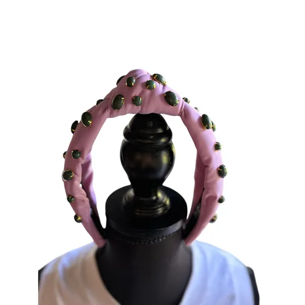 Hello Edie Pink Knotted Headband Green Gemstone Embellished Statement Headband - Image 10