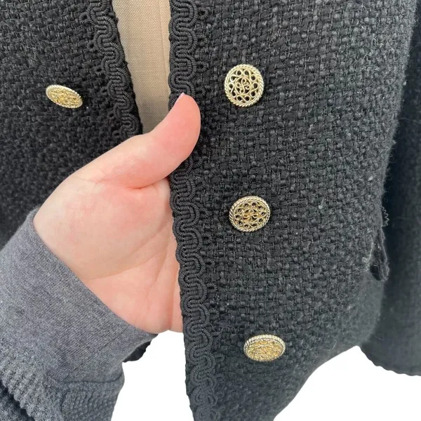 Zara Jacket Button Textured Tweed Gold‎ Button Open Cropped Black Blazer XXL - Image 7