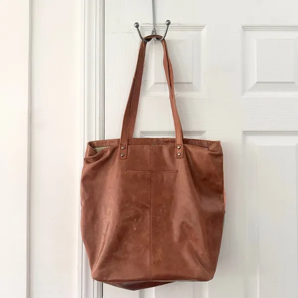 The Sak Tan Leather Patchwork Fabric Embellished Boho Top Zip Shoulder Tote Bag - Image 8