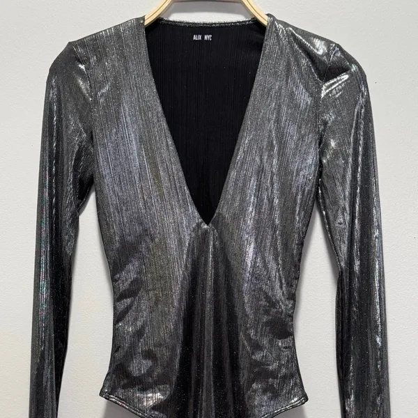 Alix NYC Irving Lamé Bodysuit Small Gunmetal Metallic Deep V-Neck Long Sleeve - Image 4