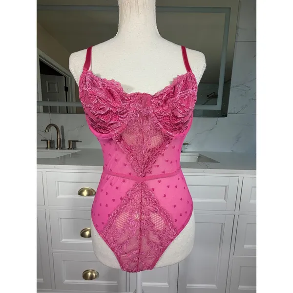 Pink Lace Teddy Bodysuit Womens Large Heart Print Sheer Mesh Underwire Lingerie - Image 11