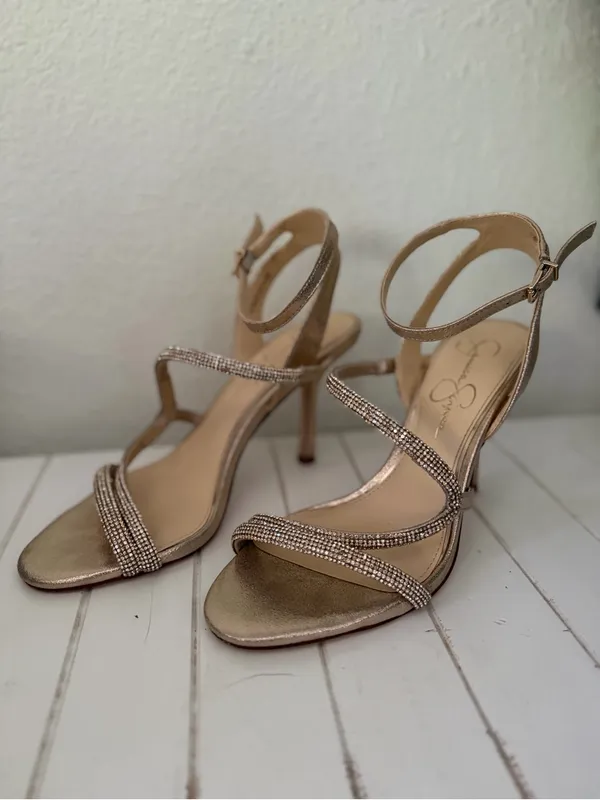 Jessica Simpson Rose Gold Rhinestone Strappy Heels - Image 2