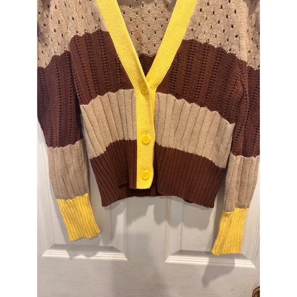 Anthro Calligraphie Womens Striped Puff Sleeve Cardigan Brown Yellow Pointelle L - Image 8