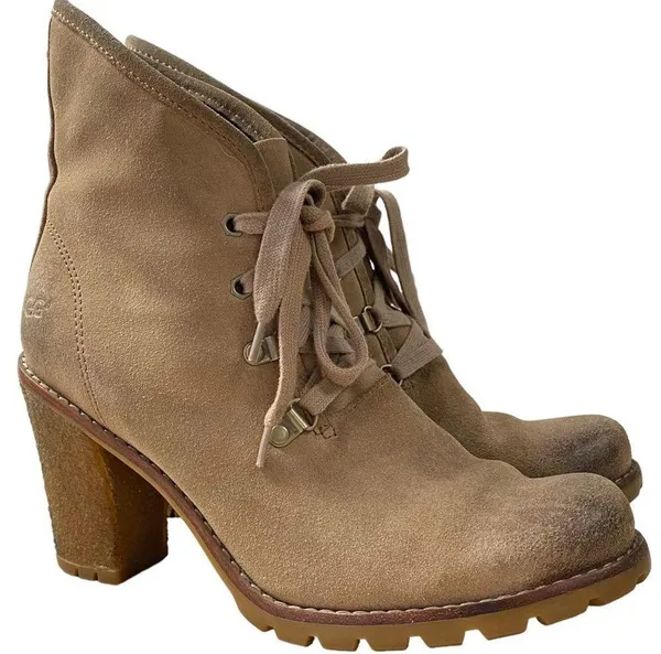 UGG Authentic Calynda Tan Mid Ankle Lace Up High Heel Boots Genuine Leather - Image 3