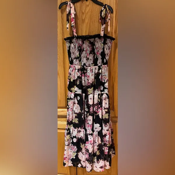 Lulus Wowing Wonder Black Floral Jacquard‎ Smocked Tie-Strap Tiered Midi Dress - Image 5
