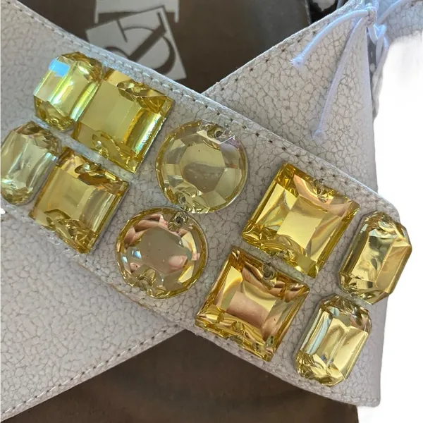 Sam & Libby white Sandals Yellow Rhinestone Coastal Birkenstock style slides - Image 5