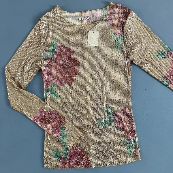 NWT Free People Intimately Gold Rush Champagne Combo Printed‎ Sequin Long Sleeve - Image 3
